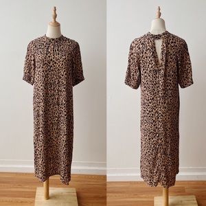 ANTHROPOLOGIE Leopard Print High Neck Short Sleeve Shift Midi Dress Small